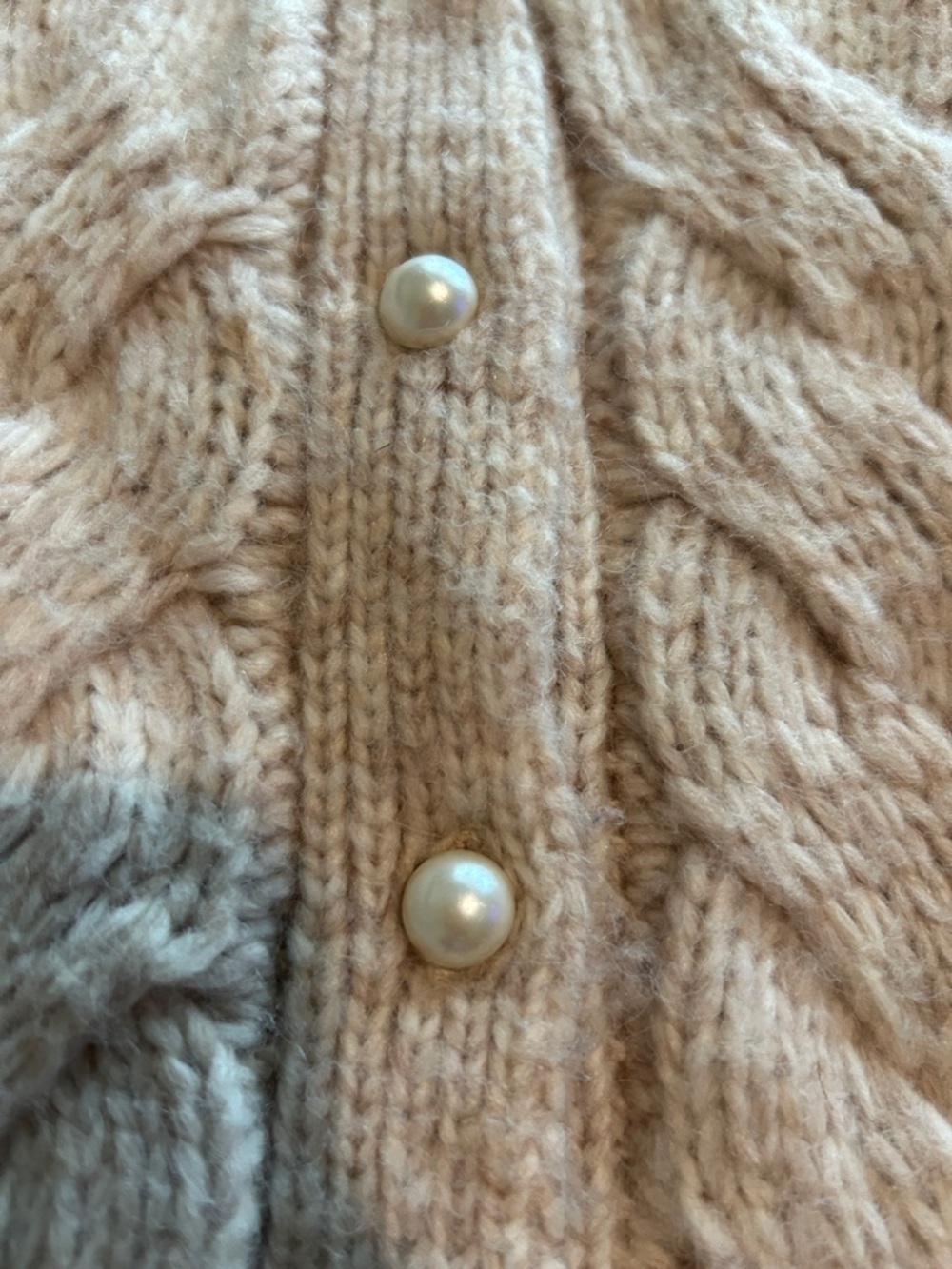 Moon River Beige Cable Knit Puff Sleeve Cardigan with Pearl Neckline - Picture 4 of 4